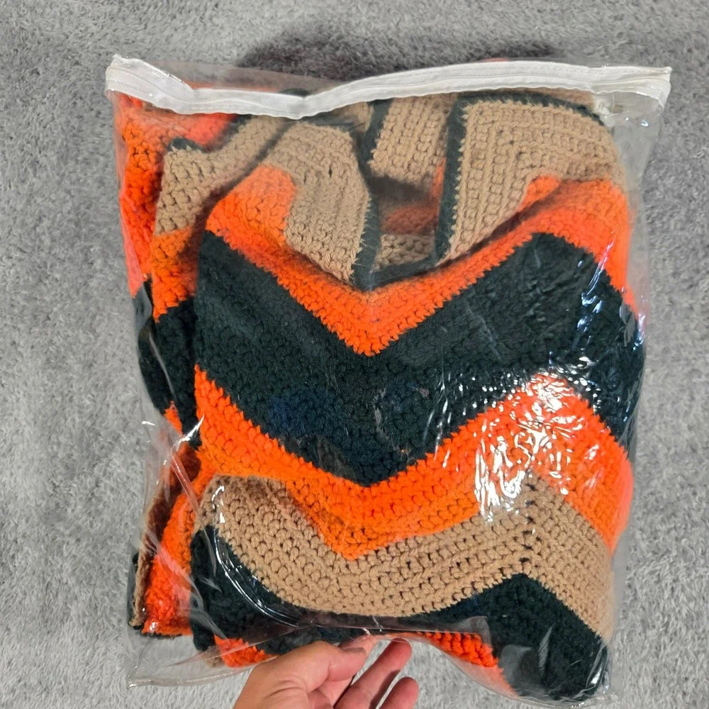 Handmade Crochet Afghan Throw Blanket Orange Tan Black Chevron Ripple 78x46